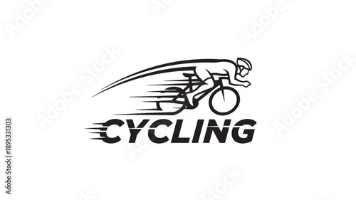 A stylized black and white illustration of a cyclist in motion, conveying speed and energy, ideal for cycling related content.