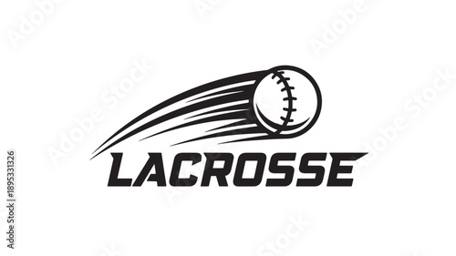 High contrast black and white vector illustration of a lacrosse ball in motion with dynamic speed lines, ideal for sports branding, team logos, and athletic apparel designs.
