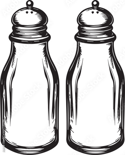 A classic salt and pepper shakers etched in monochrome, capturing simplicity and tradition.