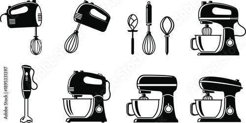 Collection of black kitchen mixer icons on white background appliance cooking