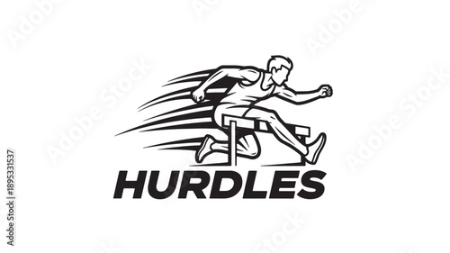 A black and white illustration of a hurdler in action, clearing a hurdle with dynamic motion lines, conveying speed and athleticism.
