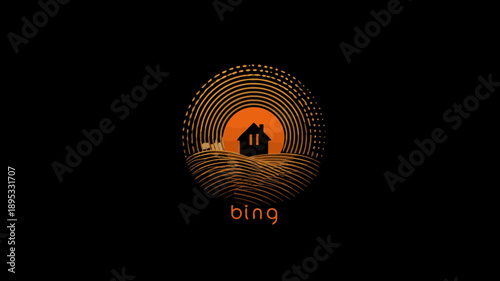 Abstract house silhouette with orange sunset in a radiating circular pattern on a dark background, creative home design.