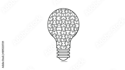 Conceptual lightbulb icon made of interlocking jigsaw puzzle pieces, symbolizing idea generation, problem-solving, and creative solutions