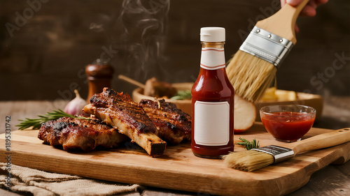 Blank bbq sauce bottle mockup with grilled ribs, food packaging