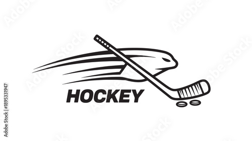 Minimalist black and white vector illustration of a hockey stick and puck in dynamic motion, ideal for sports logos, apparel, and promotional materials.