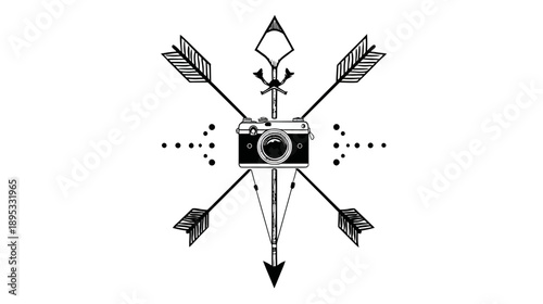 Artistic black and white vintage camera emblem with crossed arrows. Minimalist photography logo illustration for travel or adventure design.