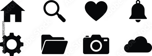 Collection of eight black vector icons on a white background Keywords: icon, set, home, house, search, magnifying glass, heart