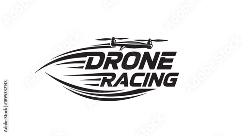 A sleek black drone racing logo on a white background, conveying speed and competition.