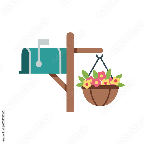 Mailbox with Hanging Flower Basket Vector Clipart Isolated on White Background