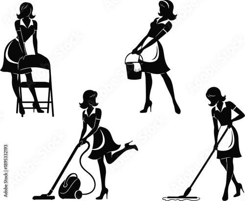 Silhouette of a woman in four different cleaning poses with equipment housekeeping maid