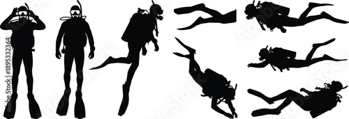 Collection of Scuba Diver Silhouettes in Various Poses on White Background Keywords: scuba diver, silhouette, diving, underwater