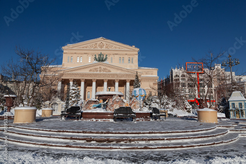 Winter in Moscow, view of Theater Square near the Bolshoi Theater. Moscow, Russia.