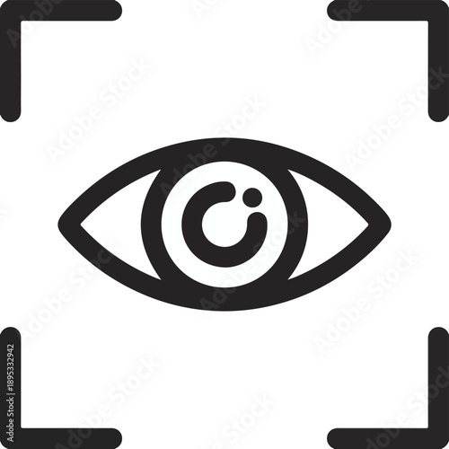 Black outline icon of an eye within a square focus frame on a white background vision sight