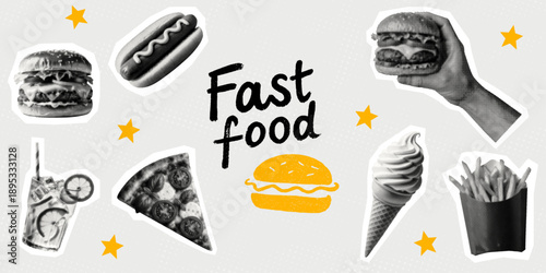 fast food set concept pop art collage hamburger hot dog pizza slice ice cream cone french fries hand holding burger lemonade glass iconic items retro cut-out dotted halftone elements gray background