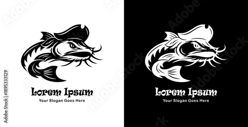 Logo design in the form of a catfish wearing a pirate hat