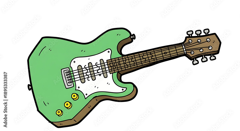Obraz premium Illustration of a green electric guitar with brown neck and white pickguard viewed from the side