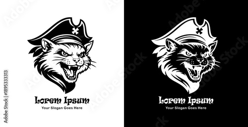 Logo design in the form of a cat's head wearing a pirate hat