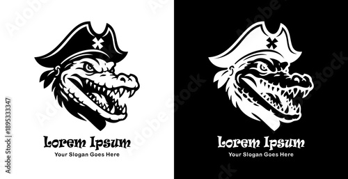 Logo design in the form of a crocodile head wearing a pirate hat