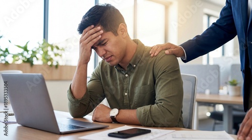 Stressed employee receives support from manager at office desk