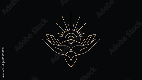 Esoteric logo of sun rising between hands and heart shape, spiritual awakening concept, minimalist line art, vector illustration