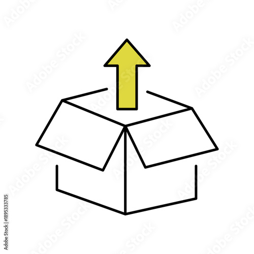 Shopping icons as order processing, customer review, packaging. Open Package Box with Downward Arrow Icon. Delivery box icon. Arrow in the box. Start up icon in flat color style. Unbox Icon Symbol.