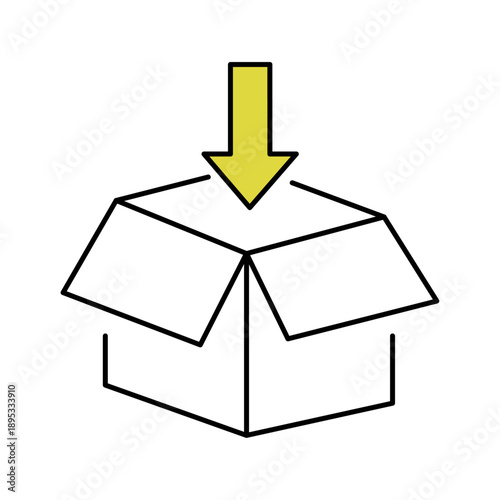 Shopping icons as order processing, customer review, packaging. Open Package Box with Downward Arrow Icon. Delivery box icon. Arrow in the box. Start up icon in flat color style. Unbox Icon Symbol.