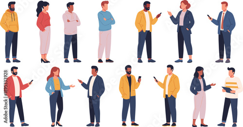 Everyday casual people standing poses flat vector illustration set