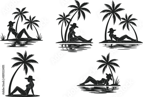 Beach lounging silhouette, tropical relaxation vector, palm tree scene, summer vacation, travel graphic, exotic leisure, nature design, paradise moment
