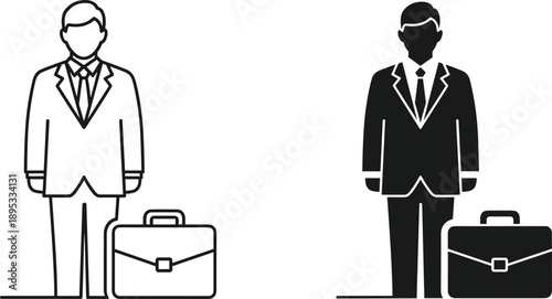 Business Man Icon Outline and Silhouette with Briefcase Keywords: business, man, icon, silhouette, outline, briefcase