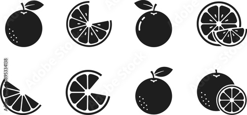 Black Silhouettes of Oranges and Orange Slices on White Background citrus fruit