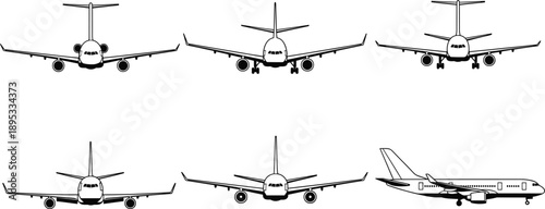 Minimal passenger jet aircraft vector set for aviation infographic design