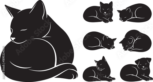 Black Cat Silhouettes in Various Sleeping Positions Illustration Set