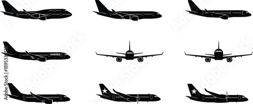 Minimal black airplane silhouette grid vector set for aviation design