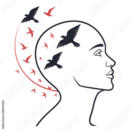 A minimalist vector illustration of a woman's head with birds flying out
