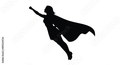 Silhouette of a superheroine in a dynamic flying pose against white