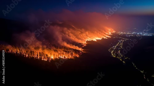 Wildfire engulfing mountain slope at night near city