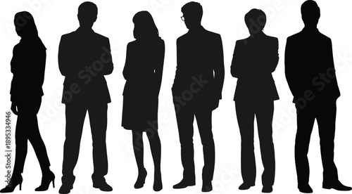 Silhouette group of diverse business people standing in a line on white background Keywords: silhouette, group, people, business