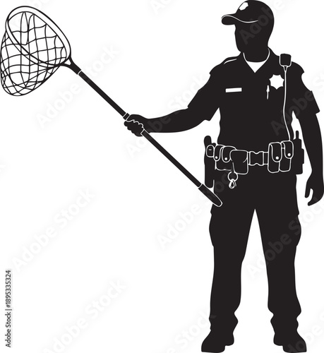 Police officer silhouette holding a butterfly net
