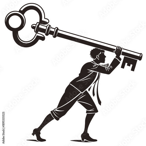 A man in a suit struggles to hold up a large key