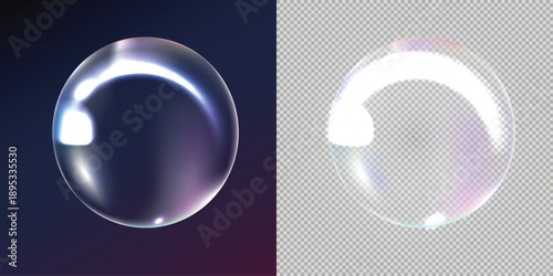 Soap bubble with bright white light streak and colorful chromatic aberration isolated on dark and grid backgrounds