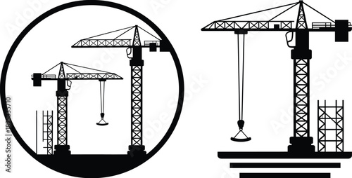 Construction site silhouette, tower cranes lifting materials, scaffold structures, black vector art, industrial equipment, engineering scene, heavy machinery operation