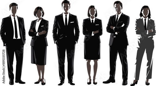 Six black silhouette figures of business people in suits standing against a white background Keywords: business, people, men