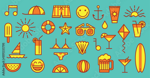 Set of summer elements icons isolated. Vector summer holidays season collection with swimwear, ice cream, ball, sunglasses, cocktails, sun, surfboard, fruits, cap, anchor, beer, music notes, emojis.