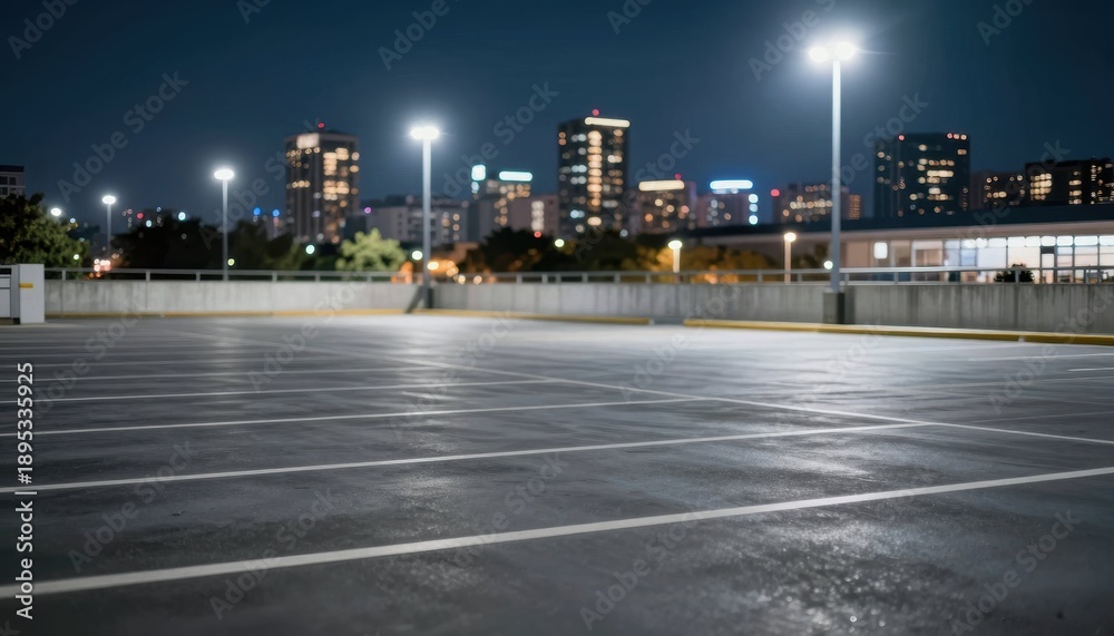 Fototapeta premium Nighttime urban landscape empty parking lot city skyline modern city wide angle urban serenity