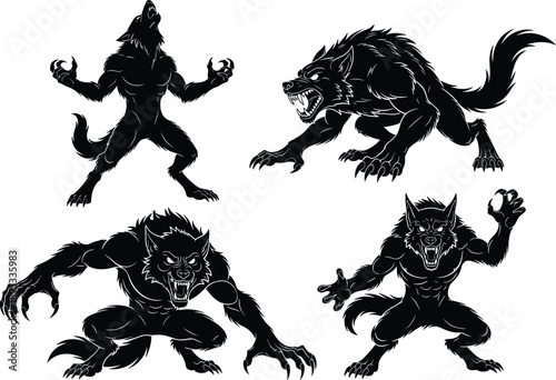Werewolf monster silhouette set with aggressive wolf creatures, fantasy horror beast poses, dark mythological character illustration