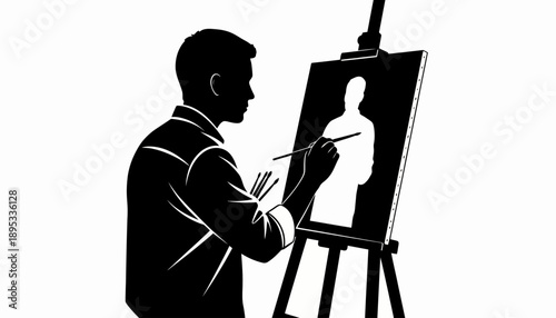 A man in a suit paints a silhouette on an easel indoors.