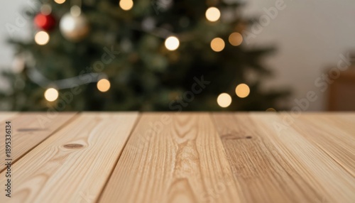 Celebrating christmas with a festive tree and warm wooden table cozy indoor setting soft focus viewpoint