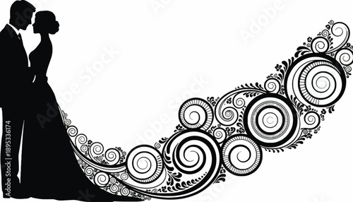 A romantic couple kisses under a decorative floral archway with swirling patterns kDBkc 42 ai