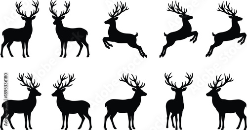 Ten black silhouette illustrations of deer with antlers on a white background Keywords: deer, stag, hart, animal, wildlife