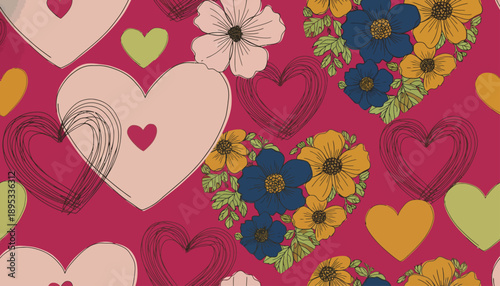 Vibrant floral pattern with colorful hearts and flowers on pink background, featuring kDBkc design elements.